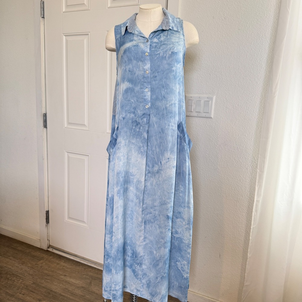Alembika Blue Tie Dye Sleeveless Maxi Shirt Dress Artsy Boho Lagenlook Womens L